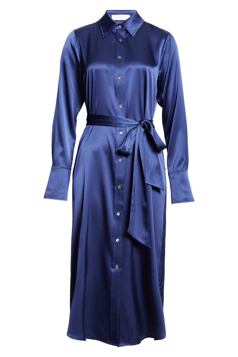 Victoria Tie Waist Long Sleeve Silk Blend Shirtdress, Alternate, color, NAVY