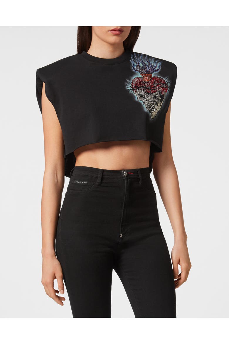 Shoulder Pads Cropped Top Love Tattoo Women, Main, color, black