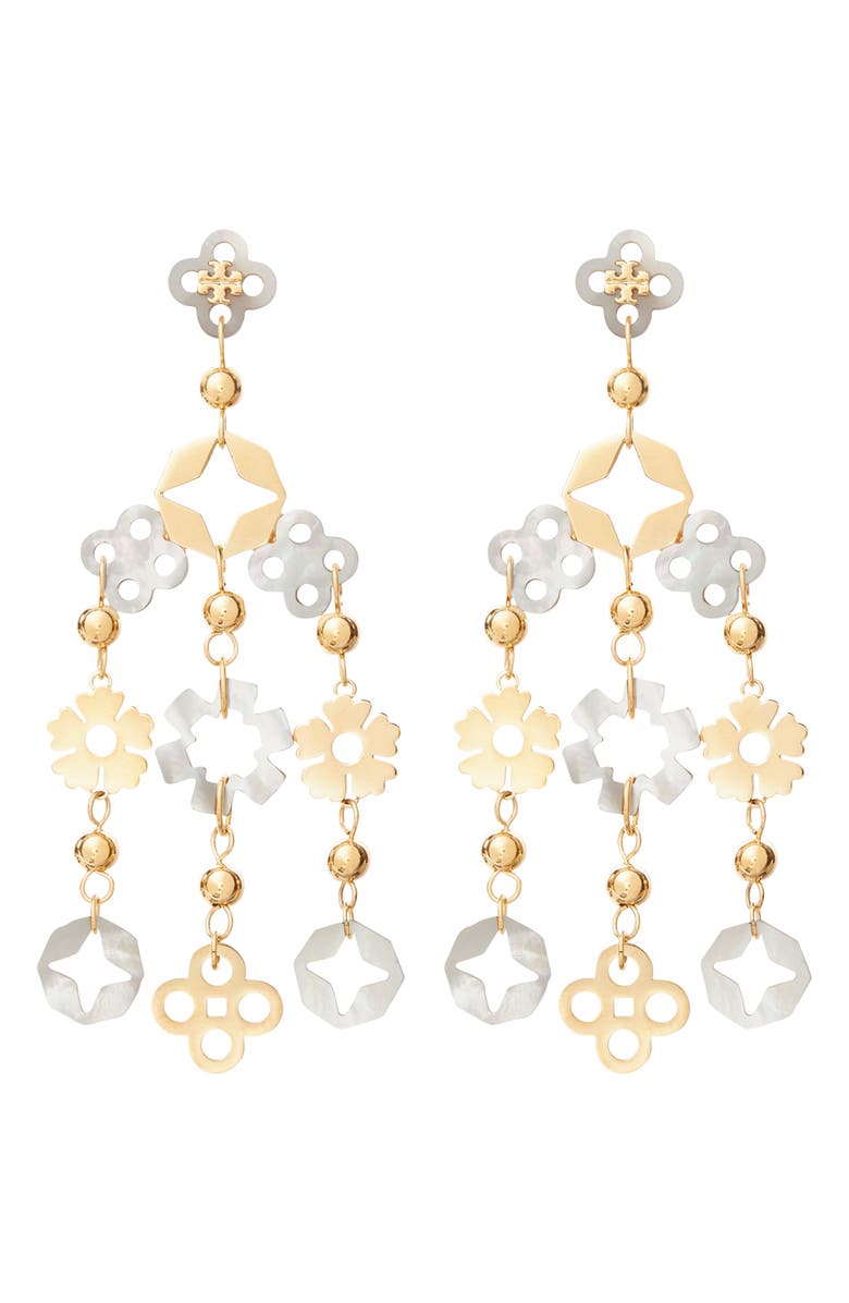 Tory Burch Forget Me Not Chandelier Earrings, Main, color, Tory Gold / Mother Of Pearl