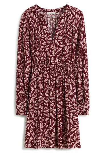 Madewell Smocked Floral Print Long Sleeve Minidress In Bordeaux