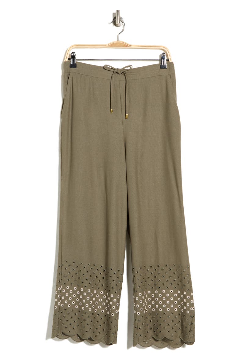 Eyelet Scallop Hem Pants, Alternate, color, LIGHT OLIVE