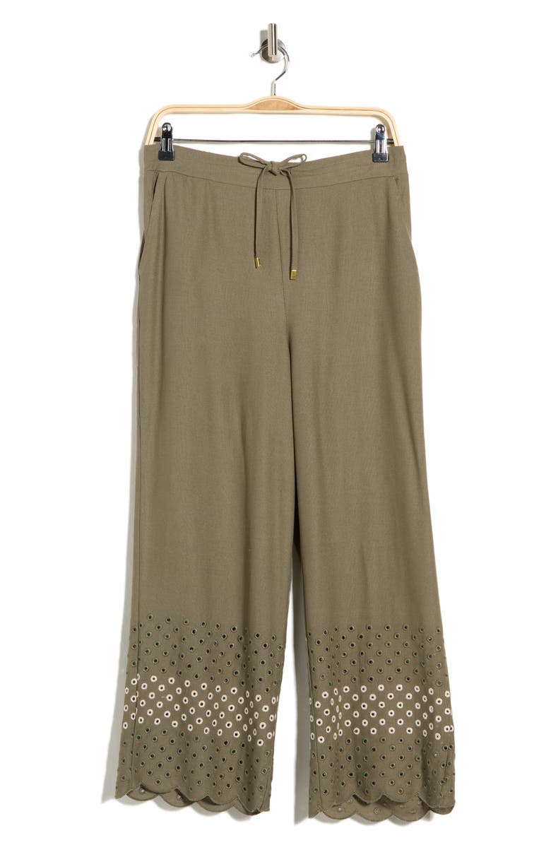 Ellen Tracy Eyelet Scallop Hem Pants, Main, color, Light Olive