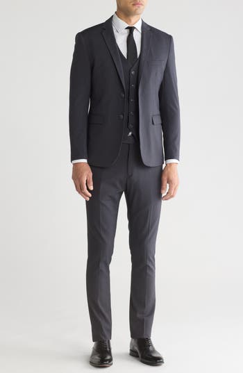 Gino Vitale Skinny Fit Solid Stretch Three Piece Suit In Charcoal/charcoal