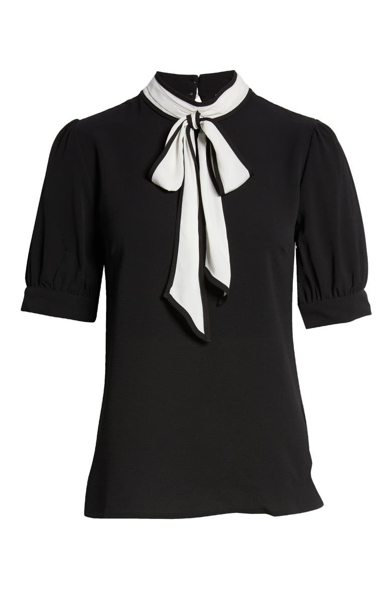 Tie Neck Puff Sleeve Blouse, Alternate, color, RICH BLACK