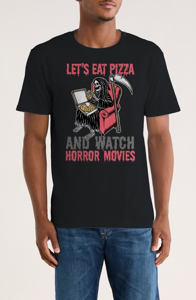 Monster Digital Let's Eat Pizza & Watch Horror Graphic T-Shirt, Main, color, Black