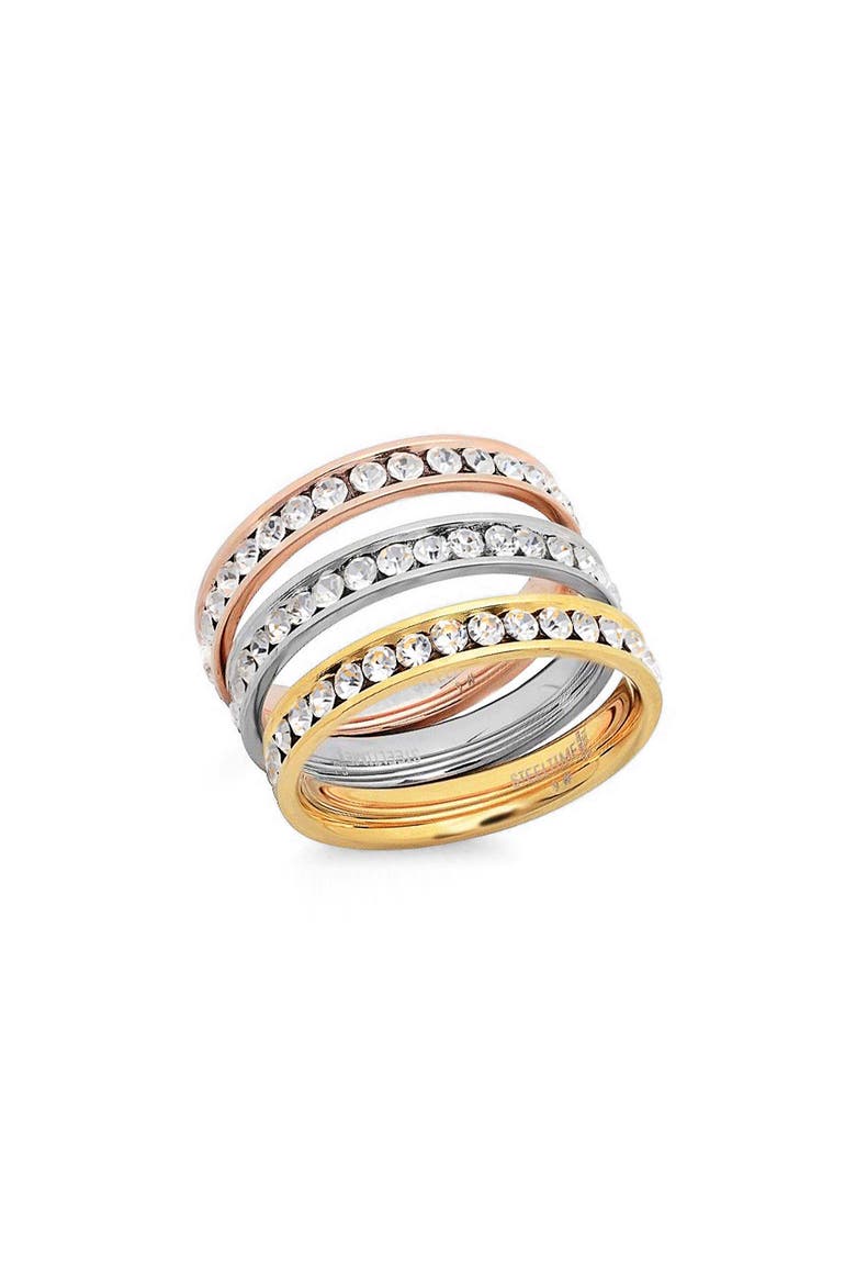 Tritone Stainless Steel Crystal Stackable Rings, Main, color, METALLIC MULTI
