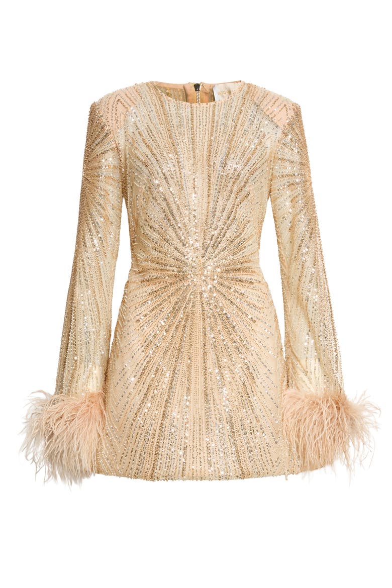 Tokyo Sequin & Feather Detail Long Sleeve Cocktail Minidress, Main, color, GOLD