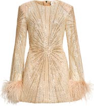 BRONX BANCO Tokyo Sequin & Feather Detail Long Sleeve Cocktail Minidress