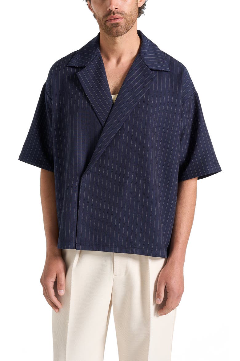 Abel Boxy Pinstripe Double Breasted Shirt, Alternate, color, Navy