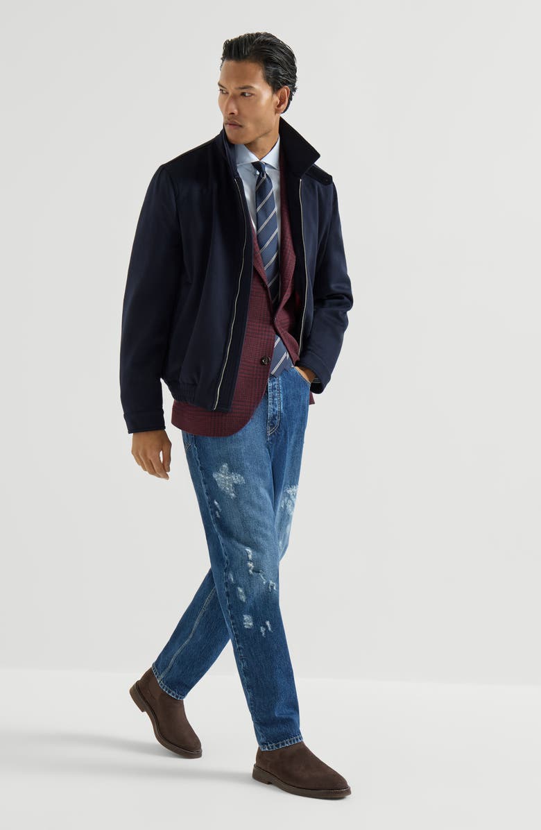 Brunello Cucinelli Virgin wool beaver cloth bomber jacket with zipper, Alternate, color, Navy Blue