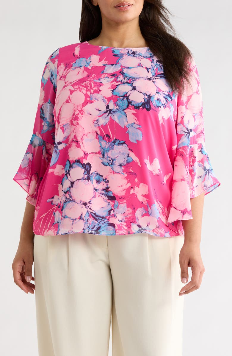 KASPER Printed Ruffle Sleeve Top, Main, color,