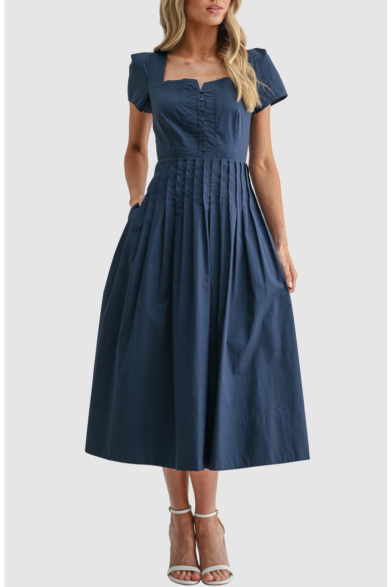 Pintuck Detail Cotton Midi Dress, Main, color, NAVY
