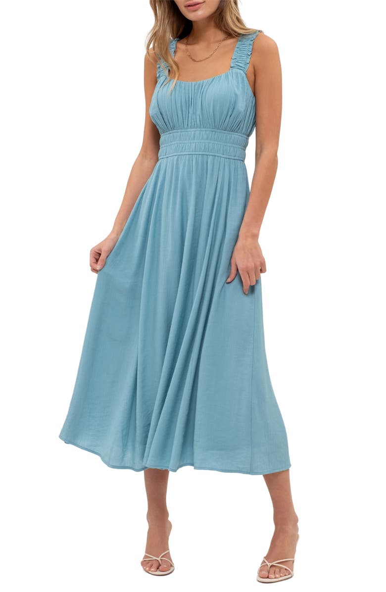 AUGUST SKY Shirred Empire Waist Midi Dress, Main, color, 