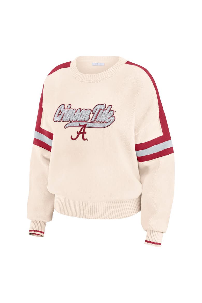 Women's WEAR by Erin Andrews  Cream Alabama Crimson Tide Chenille Woven Patch Stripe Pullover Sweater, Alternate, color, Cream