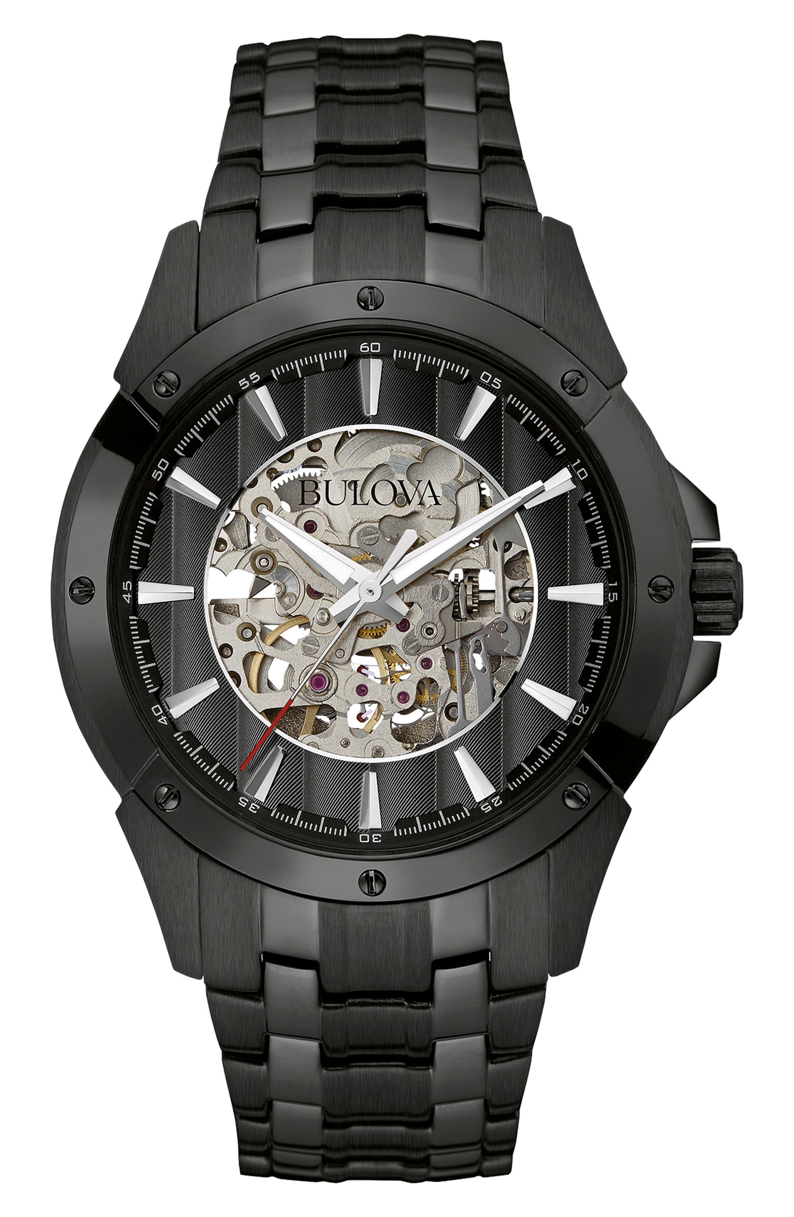 BULOVA Skeleton Dial Automatic Bracelet Strap Watch, 43mm