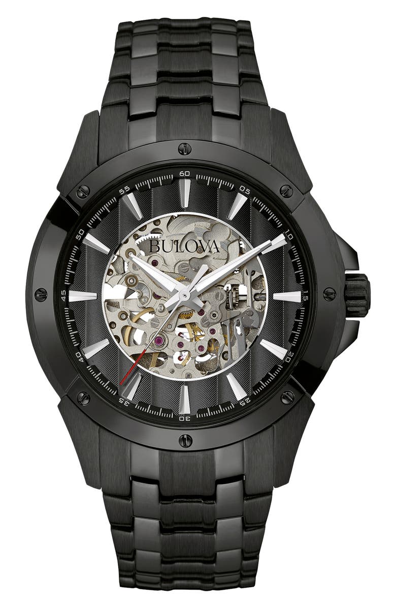 BULOVA Skeleton Dial Automatic Bracelet Strap Watch, 43mm, Main, color, Black