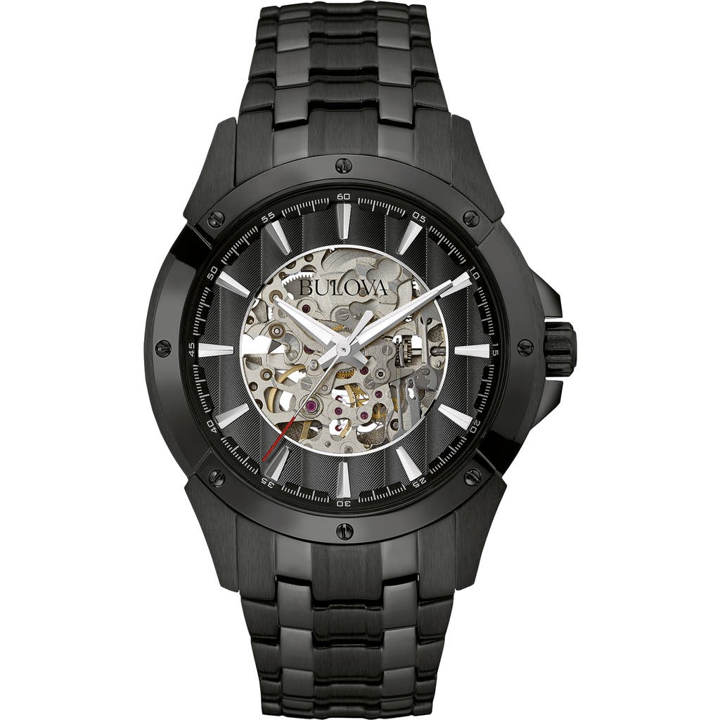 Bulova Skeleton Dial Automatic Bracelet Strap Watch, 43mm In Black