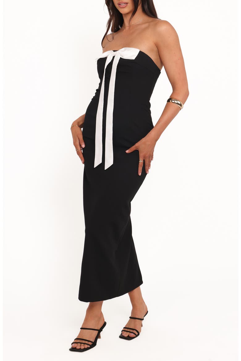 Aggie Contrast Bow Strapless Dress, Alternate, color, BLACK
