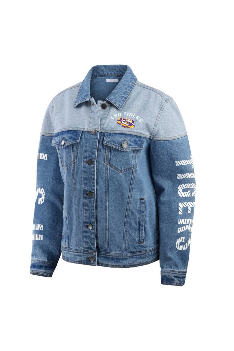 Women's WEAR by Erin Andrews Denim LSU Tigers Sleeve Hit Colorblock Button-Down Denim Jacket, Alternate, color, Denim