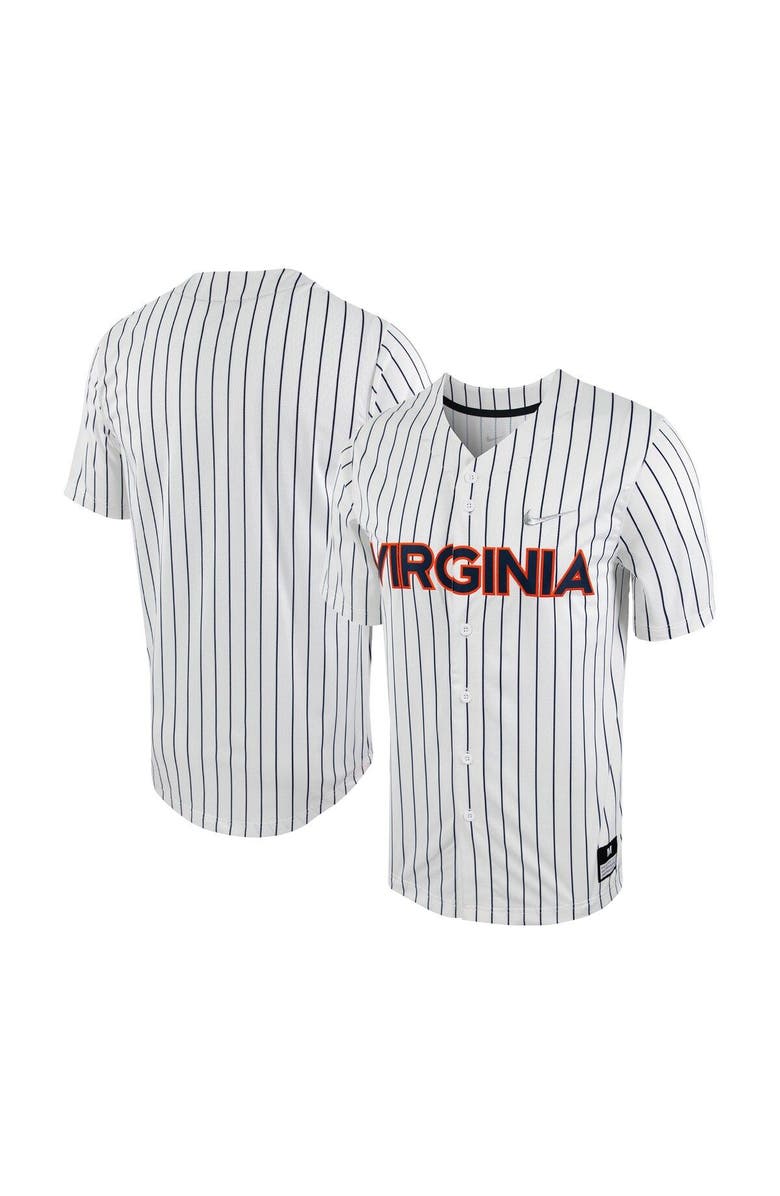 Nike Men's Nike White/Navy Virginia Cavaliers Pinstripe Replica Full-Button Baseball Jersey, Main, color, 