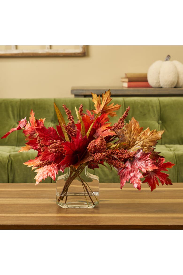 Mixed Fall Brown & Burgundy Red Maple Leaf & Rust Astilbe in Factice Vase Floral Water Illusion Arrangement, Alternate, color, Burgundy
