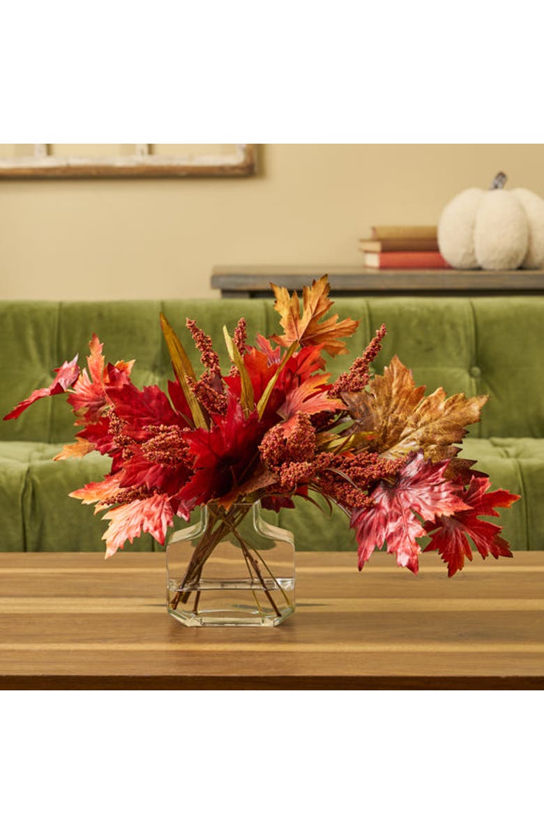 Darby Creek Trading Mixed Fall Brown & Burgundy Red Maple Leaf & Rust Astilbe in Factice Vase Floral Water Illusion Arrangement, Alternate, color, Burgundy