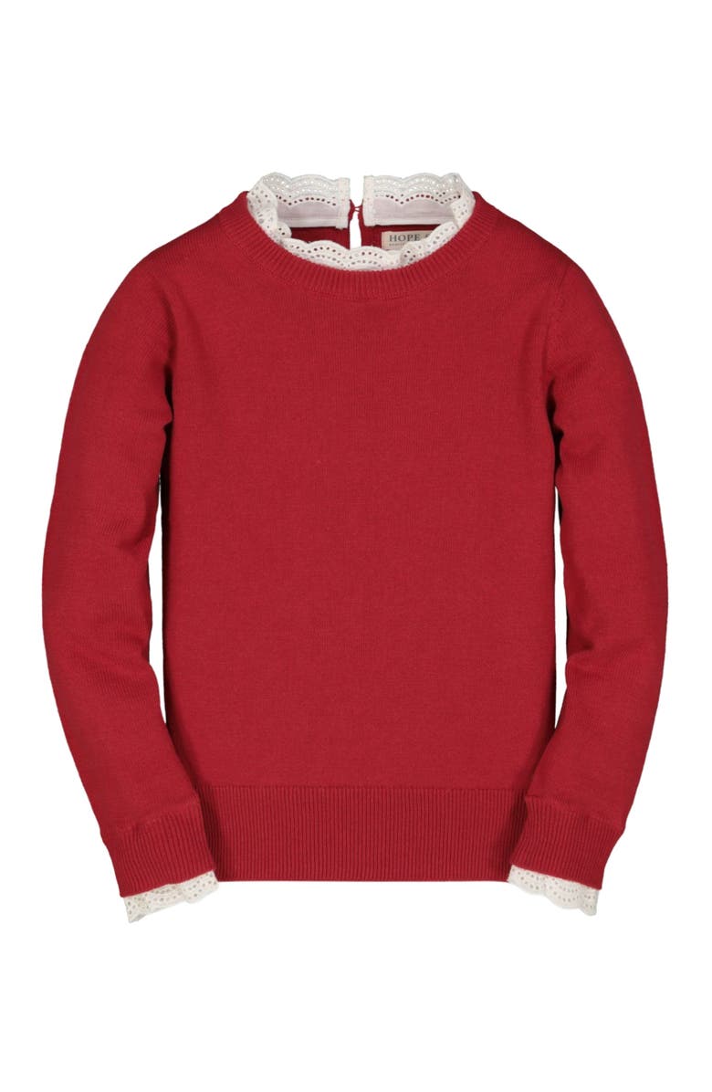 Hope & Henry Baby Girls' Lace Trim French Sweater, Infant, Main, color, Red With White Eyelet Trim