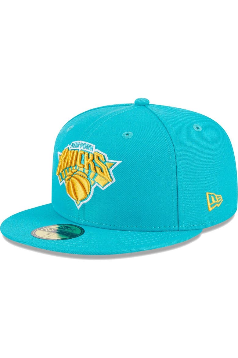 Men's New Era Turquoise New York Knicks 2-Time Champions Breeze Grilled Yellow Undervisor 59FIFTY Fitted Hat, Alternate, color, Turquoise