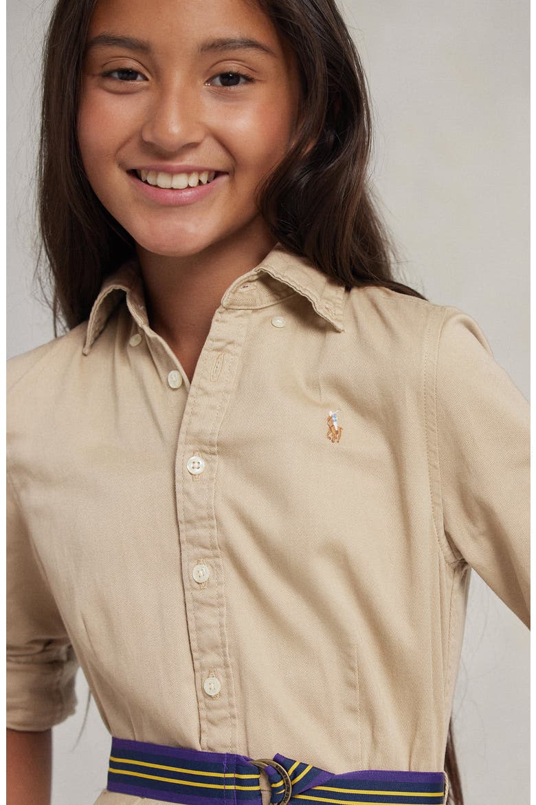Kids' Long Sleeve Belted Cotton Shirtdress, Alternate, color, CLASSIC KHAKI