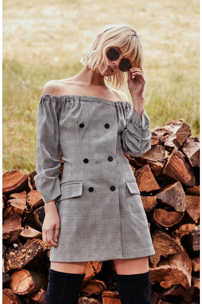 Plaid Off the Shoulder Dress, Alternate, color, BLACK
