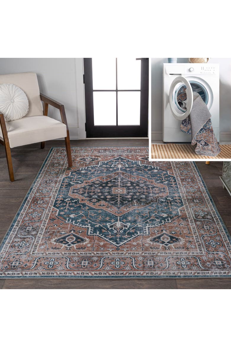 Alacati Ogee Medallion Machine-Washable Area Rug, Main, color, Navy/Brown