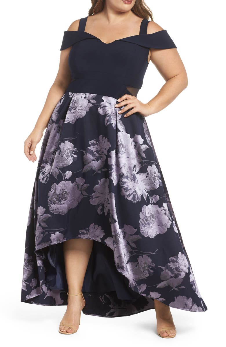 Xscape Evenings Xscape Off the Shoulder Brocade High/Low Dress, Main, color, 