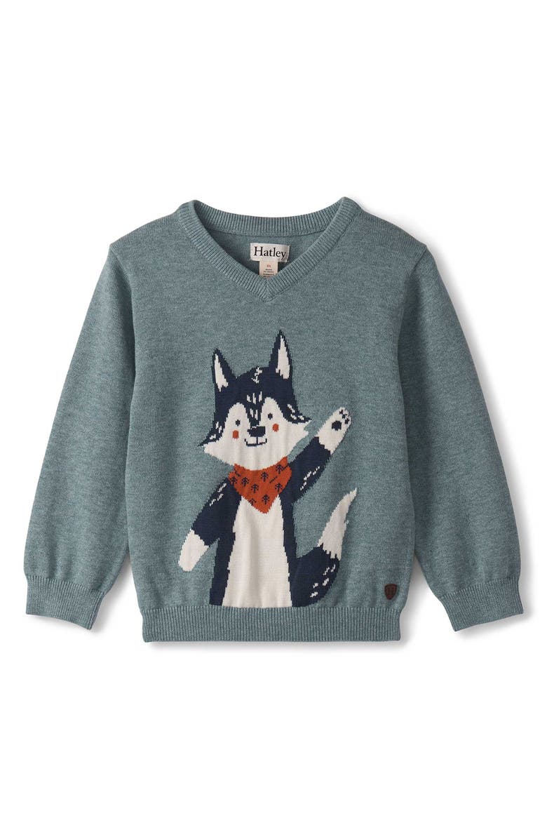 Hatley Friendly Wolf Cotton Graphic Sweater, Main, color, Arona