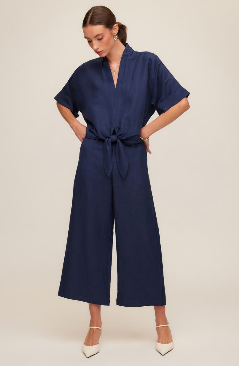 FIFTEEN TWENTY Janice Cuffed Tie Hem Linen Blend Top, Alternate, color, Navy