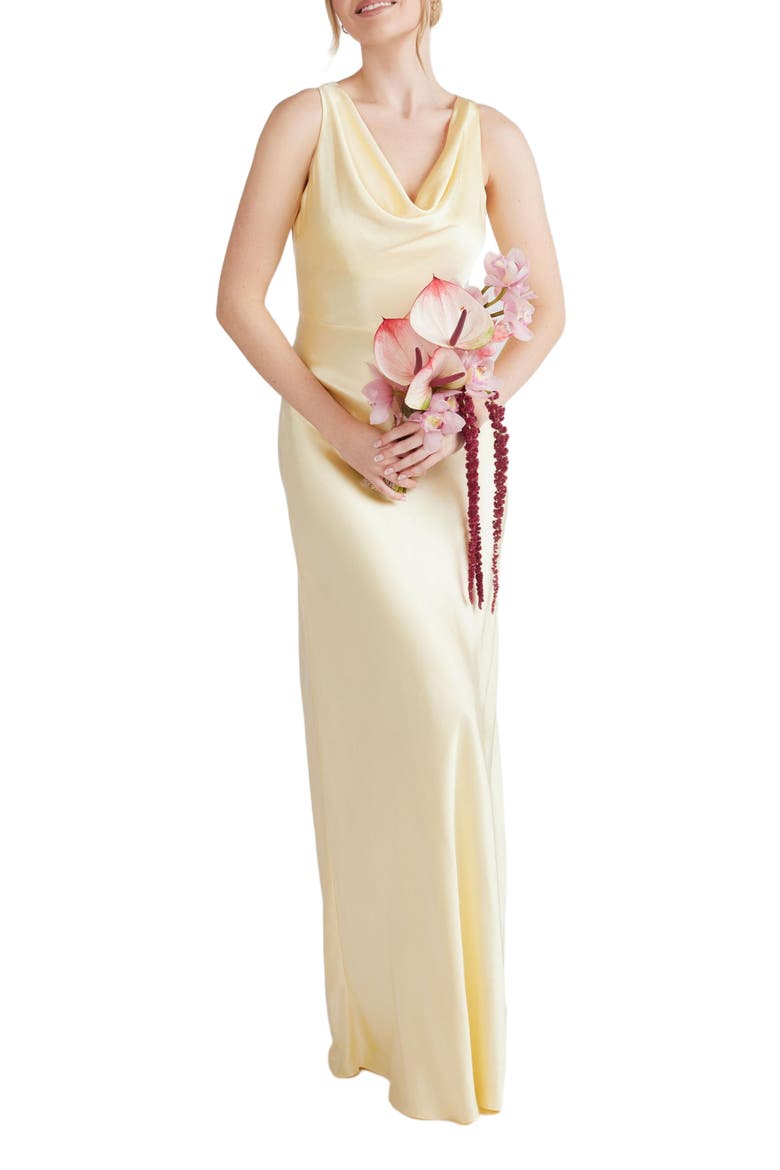 Cowl Front Satin Bridesmaid Dress, Alternate, color, Lemon