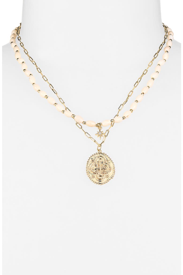 Two-Row Howlite Stone Coin Pendant Necklace, Alternate, color, IVORY