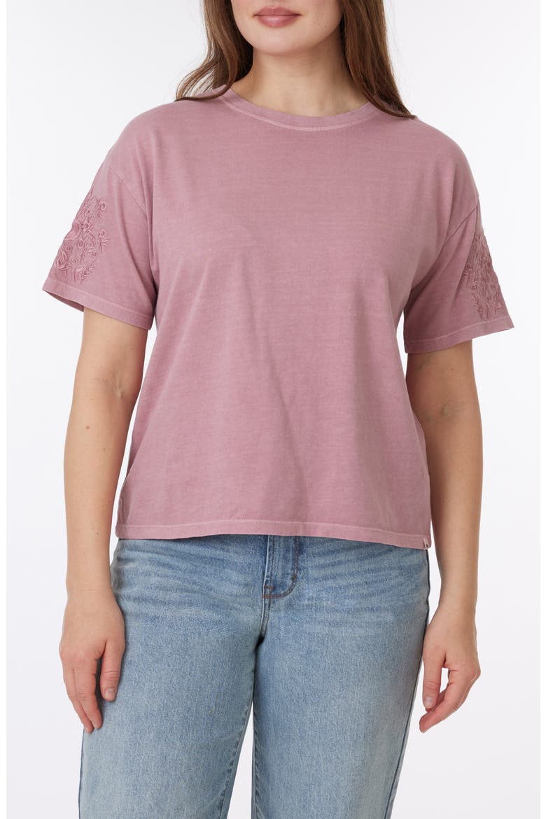 Toni Floral Embroidered Sleeve Boxy Cotton T-Shirt, Main, color, NOSTALGIA ROSE