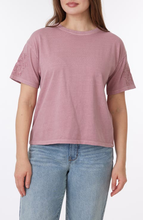 Toni Floral Embroidered Sleeve Boxy Cotton T-Shirt
