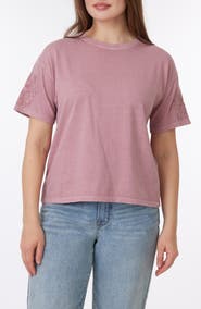 C & C California Toni Floral Embroidered Sleeve Boxy Cotton T-Shirt