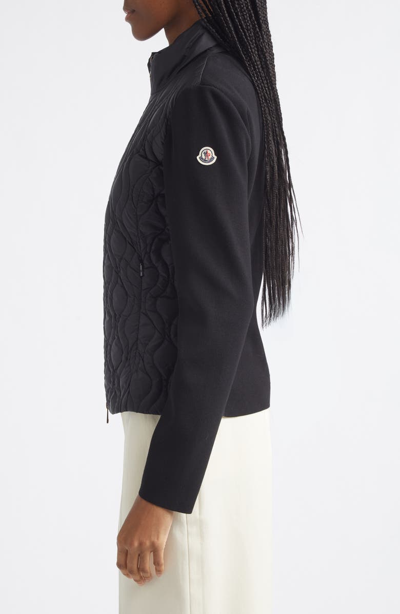 Moncler Mixed Media Down Cardigan, Alternate, color, Black
