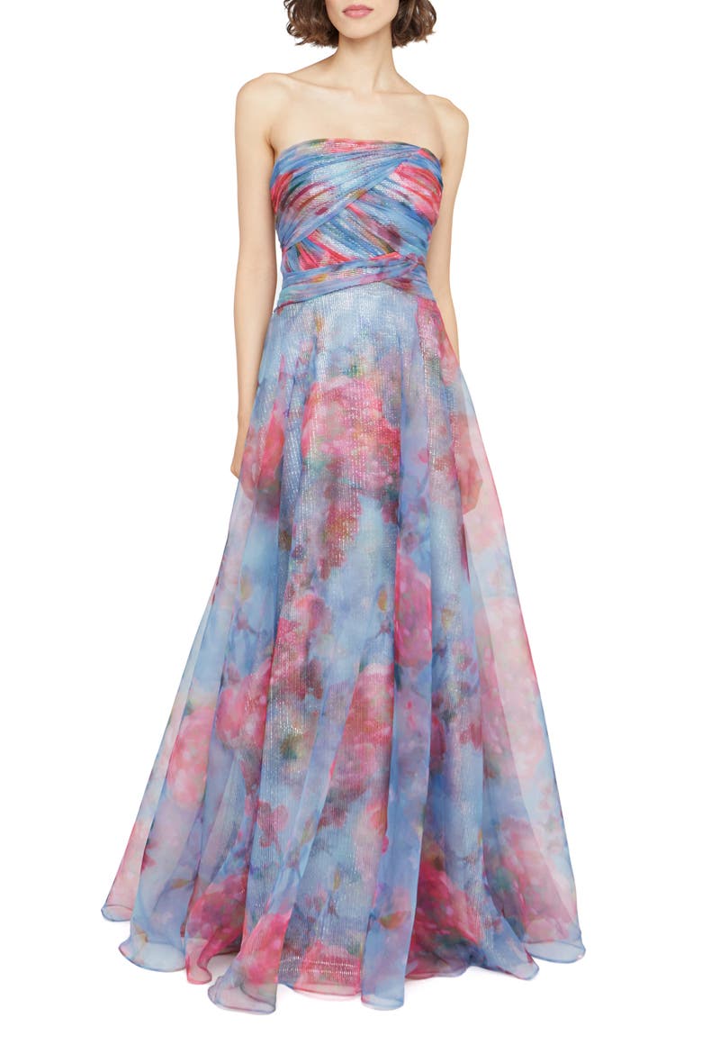 Giselle Strapless Metallic Organza Gown, Main, color, ARCTIC FLORAL