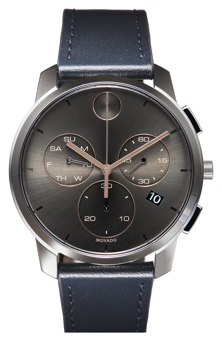 Movado Bold Chronograph Leather Strap Watch, 42mm, Main, color, Dark Grey
