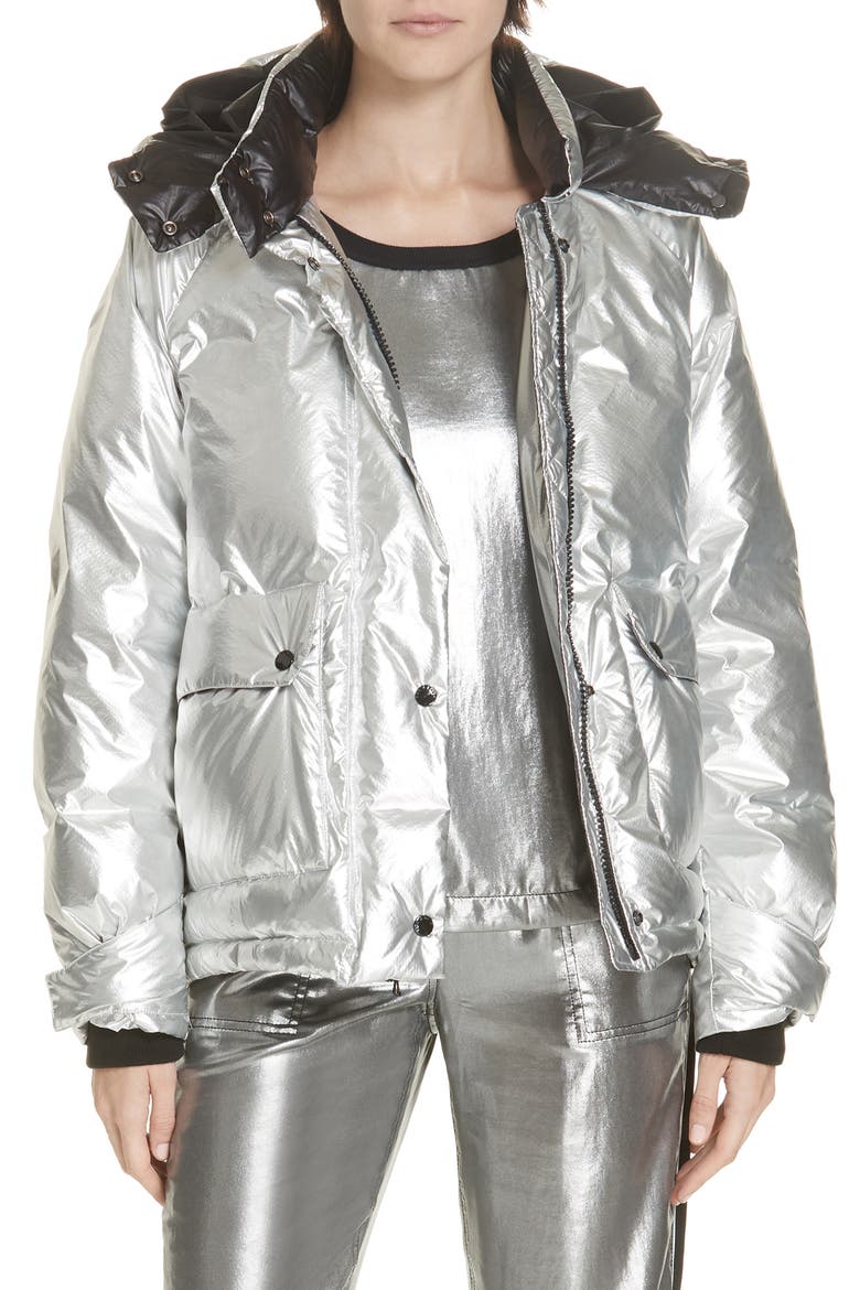 Aiden Side Stripe Metallic Puffer Coat, Main, color, SILVER