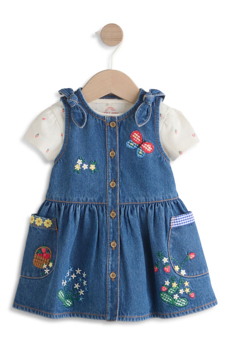 Embroidered Denim Dress & Strawberry Bodysuit Set, Main, color, BLUE