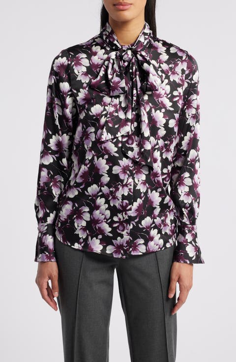 Floral Tie Neck Long Sleeve Top