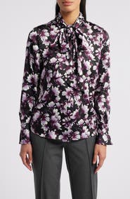Anne Klein Floral Tie Neck Long Sleeve Top