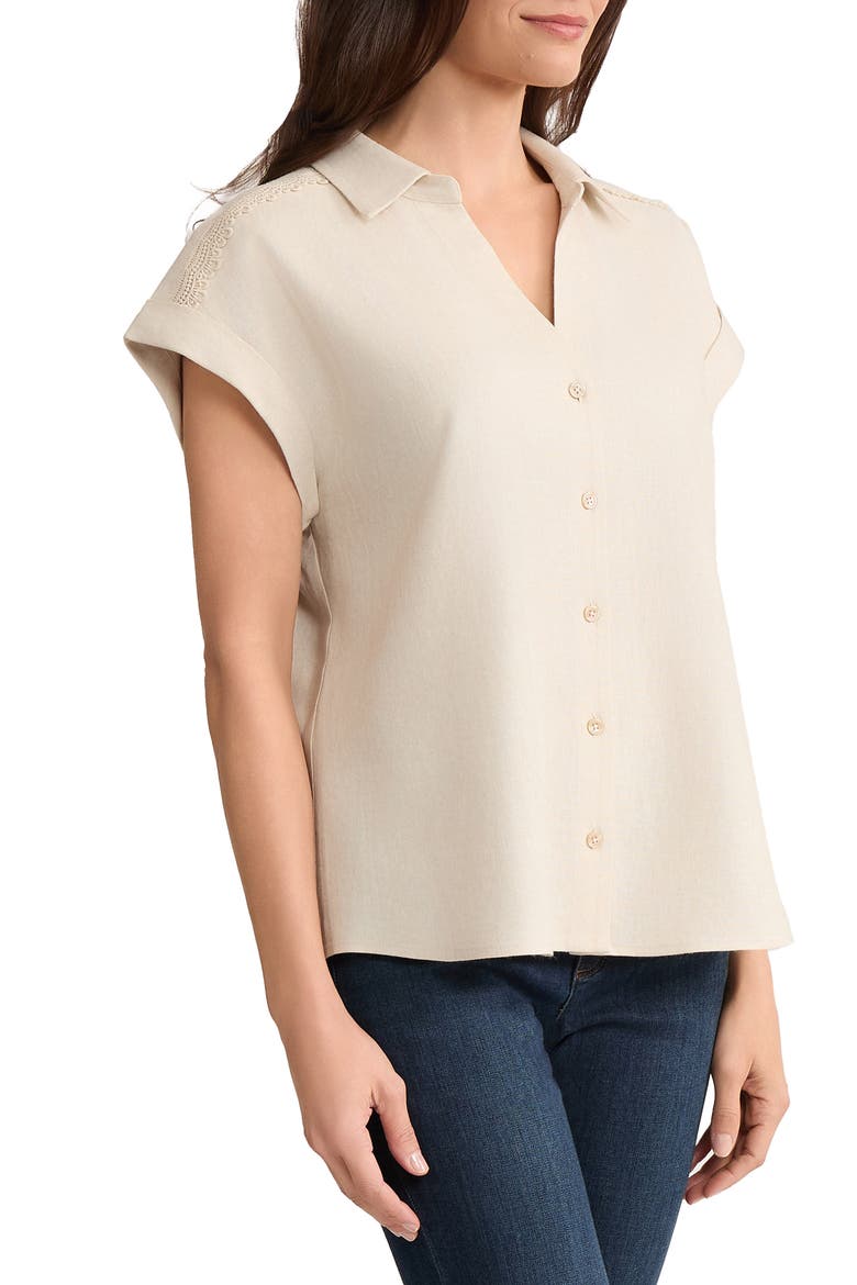 Lace Detail Linen Blend Button-Up Shirt, Alternate, color, NATURAL STONE