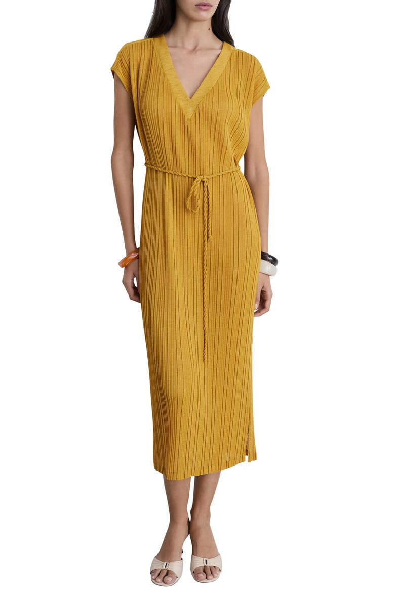 Pleated Belted Midi Dress, Main, color, MUSTARD