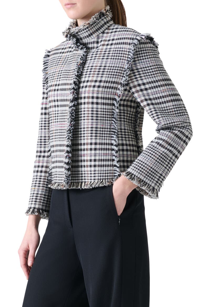 Check Fringe Trim Crop Jacket, Alternate, color, CREAM-BLACK