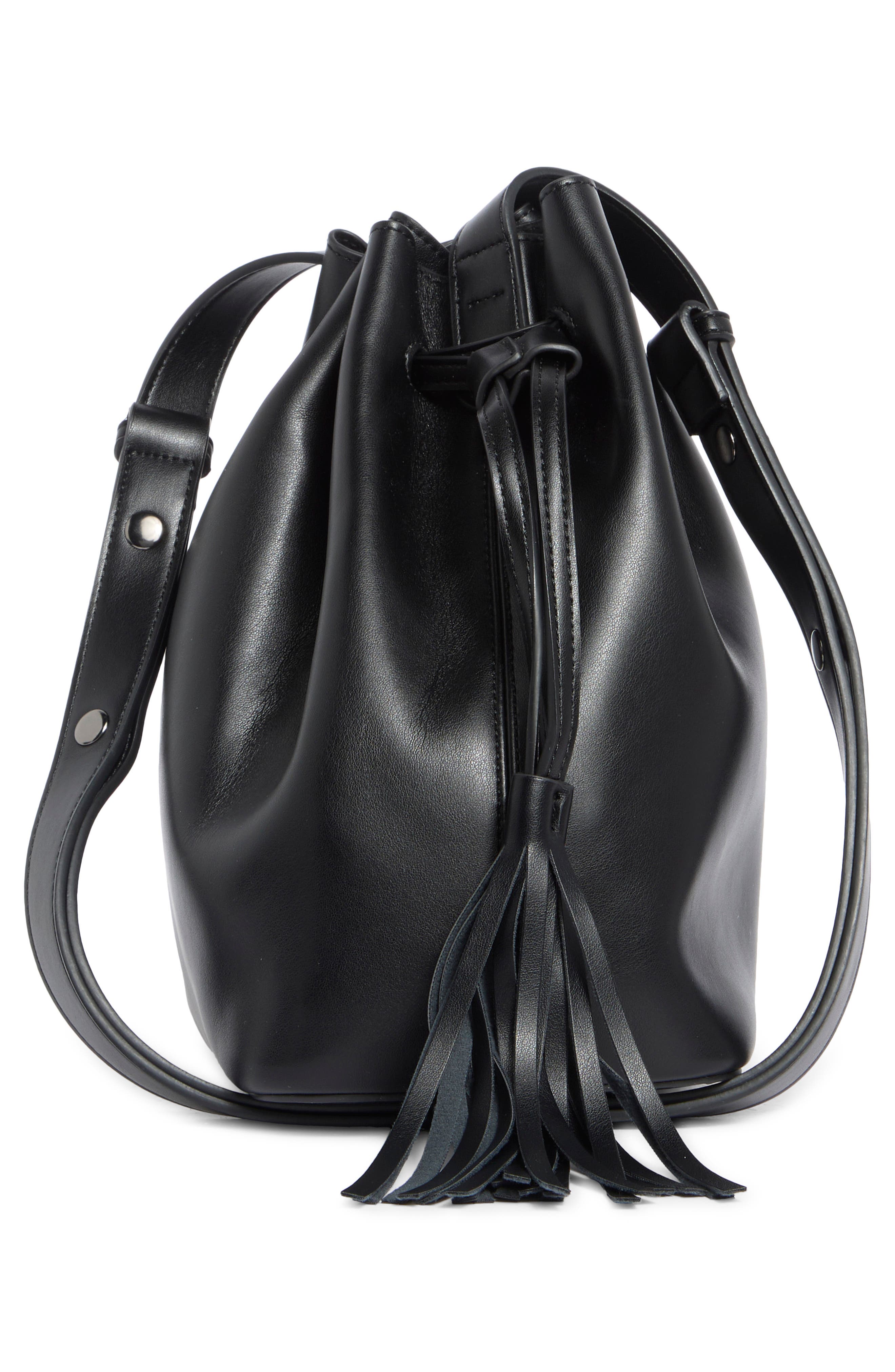 BCBG Tasseled Faux Leather Bucket Bag, Alternate, color, Black
